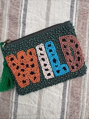 Beaded Pattern Green Tassel Wristlet Clutch